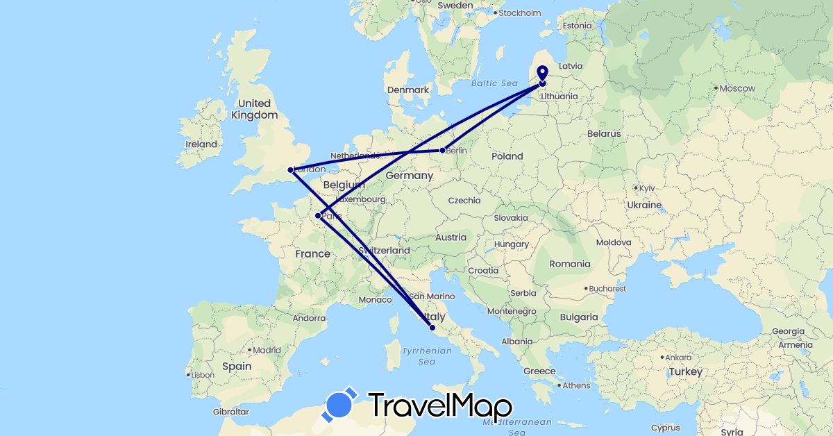TravelMap itinerary: driving in Germany, France, United Kingdom, Italy, Lithuania (Europe)